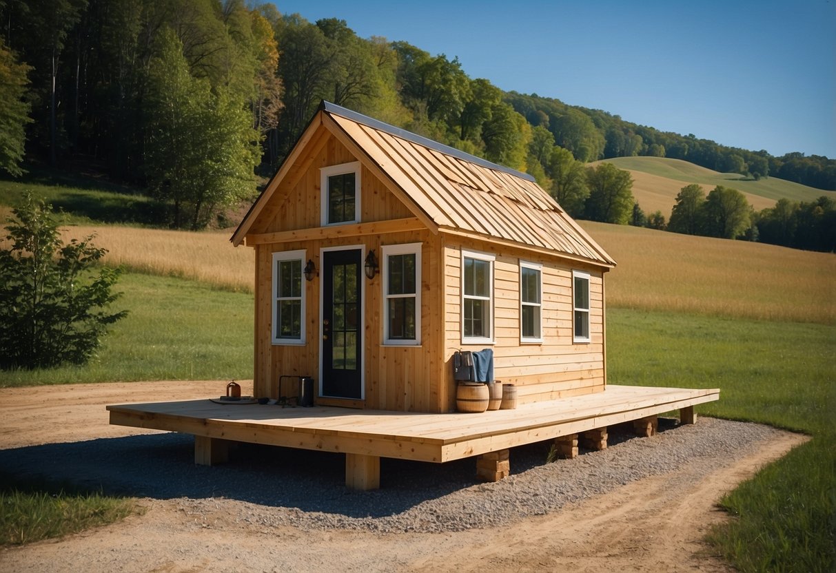 A tiny house under construction in a rural Ohio landscape, with rolling hills and a clear blue sky in the background