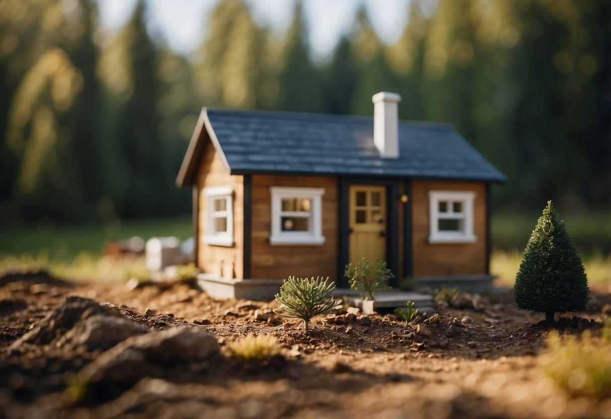 A small plot of land with a cleared area, surrounded by trees. A blueprint of a tiny house lies on the ground, with tools and building materials nearby