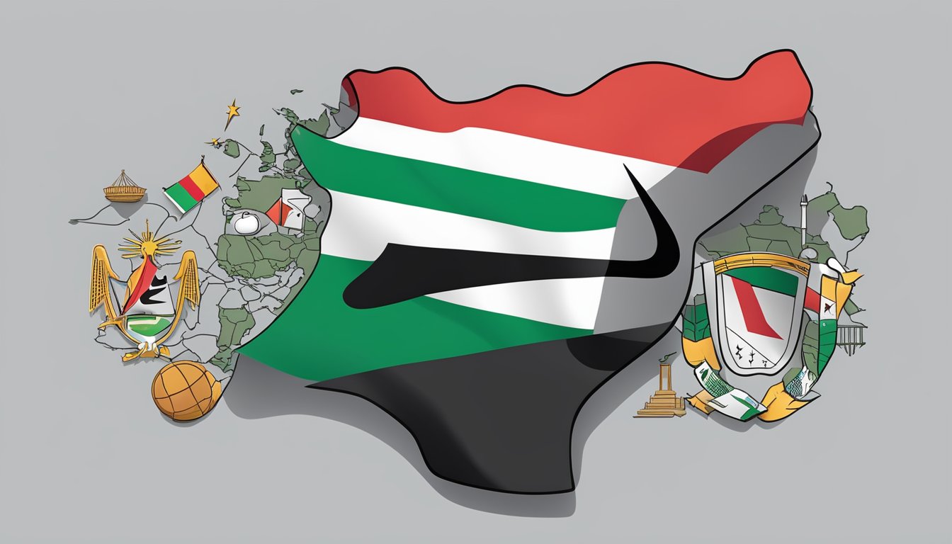 Nike logo on a flag with Palestine's map, surrounded by economic and political symbols