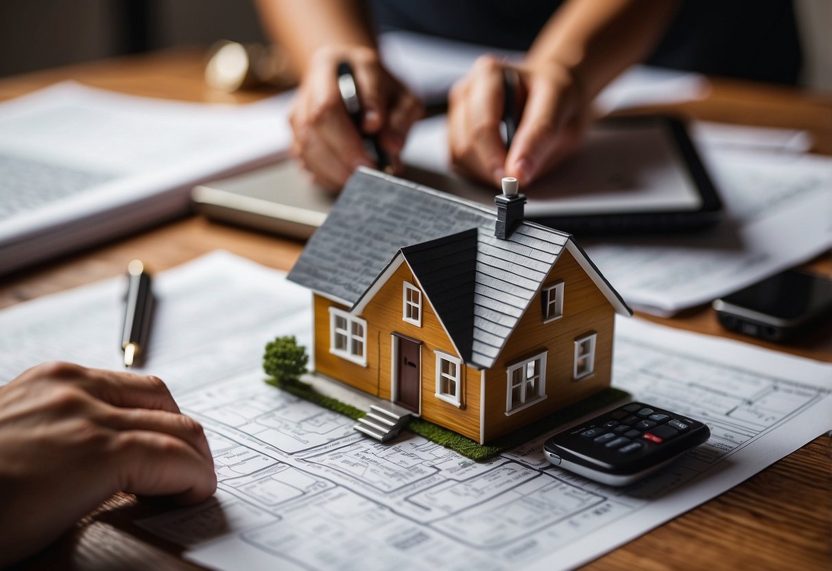 A person researching tiny house regulations, surrounded by zoning maps, building codes, and legal documents