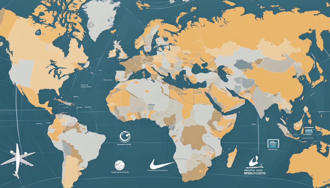 Nike's logo displayed next to a world map, with a focus on the Middle East region. Surrounding the map are various charts and graphs representing industry data and competitor analysis