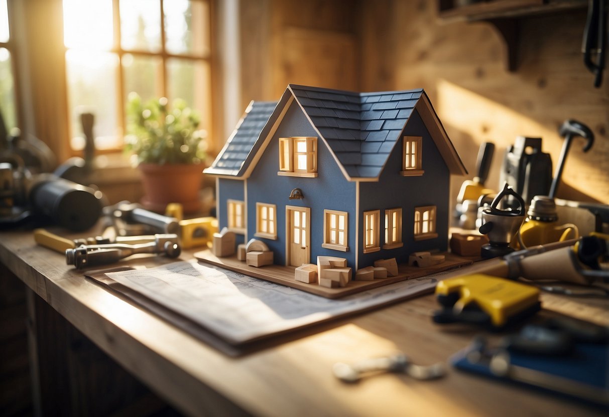 A blueprint of a tiny house sits on a table, surrounded by measuring tools, wood, and construction materials. The sun shines through a nearby window, casting a warm glow on the scene