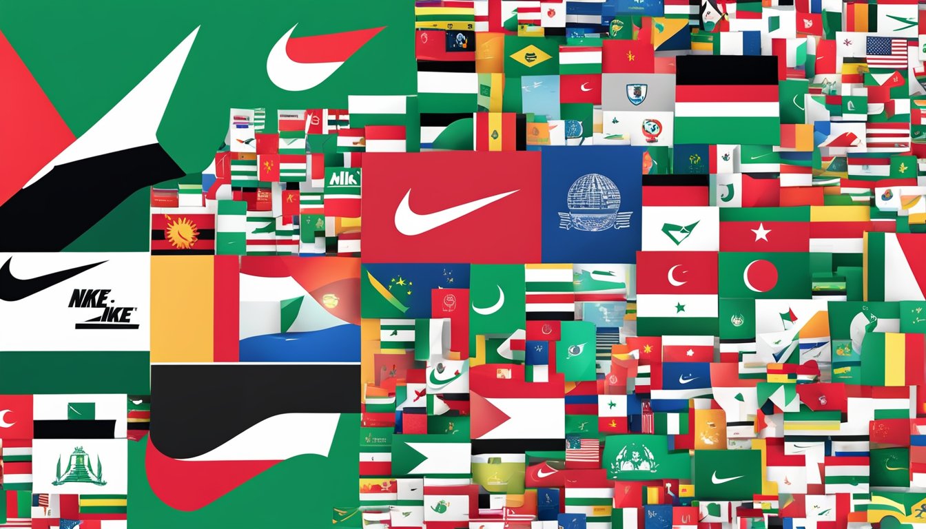 Nike logo surrounded by flags of Palestine and supportive messages from various businesses and entities