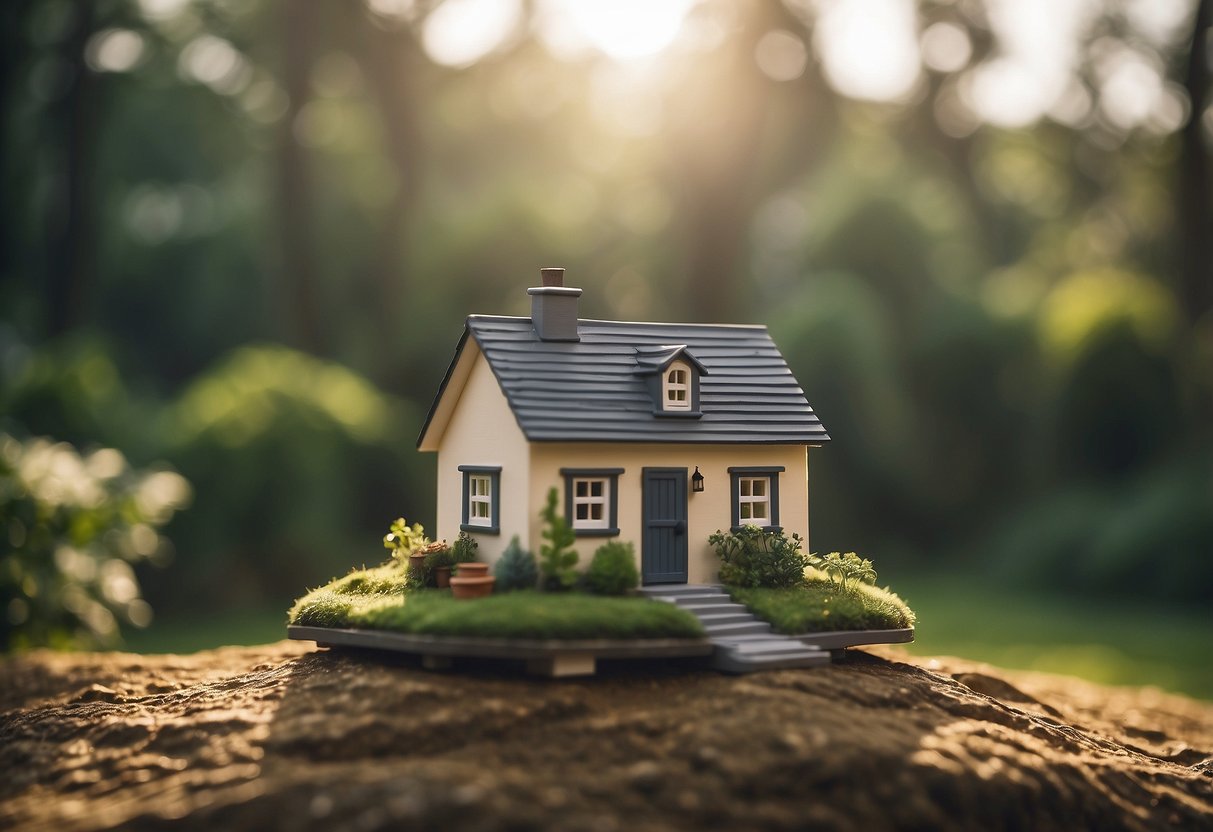 A small house sits on a plot of land, surrounded by trees and open space. A sign nearby reads "Frequently Asked Questions: Can I build a tiny house on my land?"