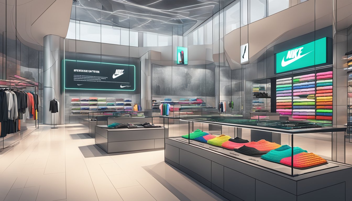 A futuristic Nike store with a digital display showing support for Palestine