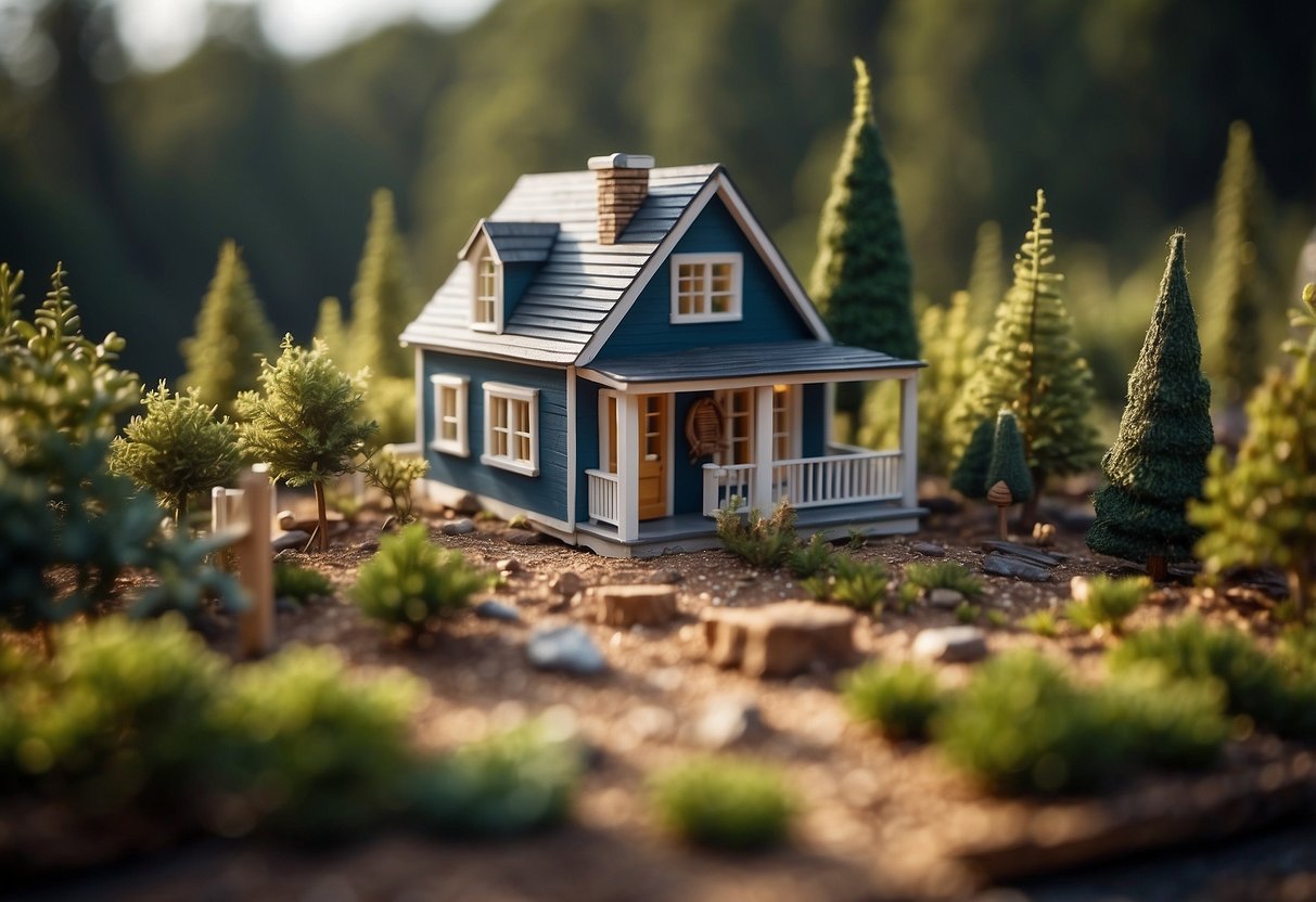 A small plot of land with a cleared area, surrounded by trees and bushes. A blueprint of a tiny house lays on the ground, with tools and materials nearby