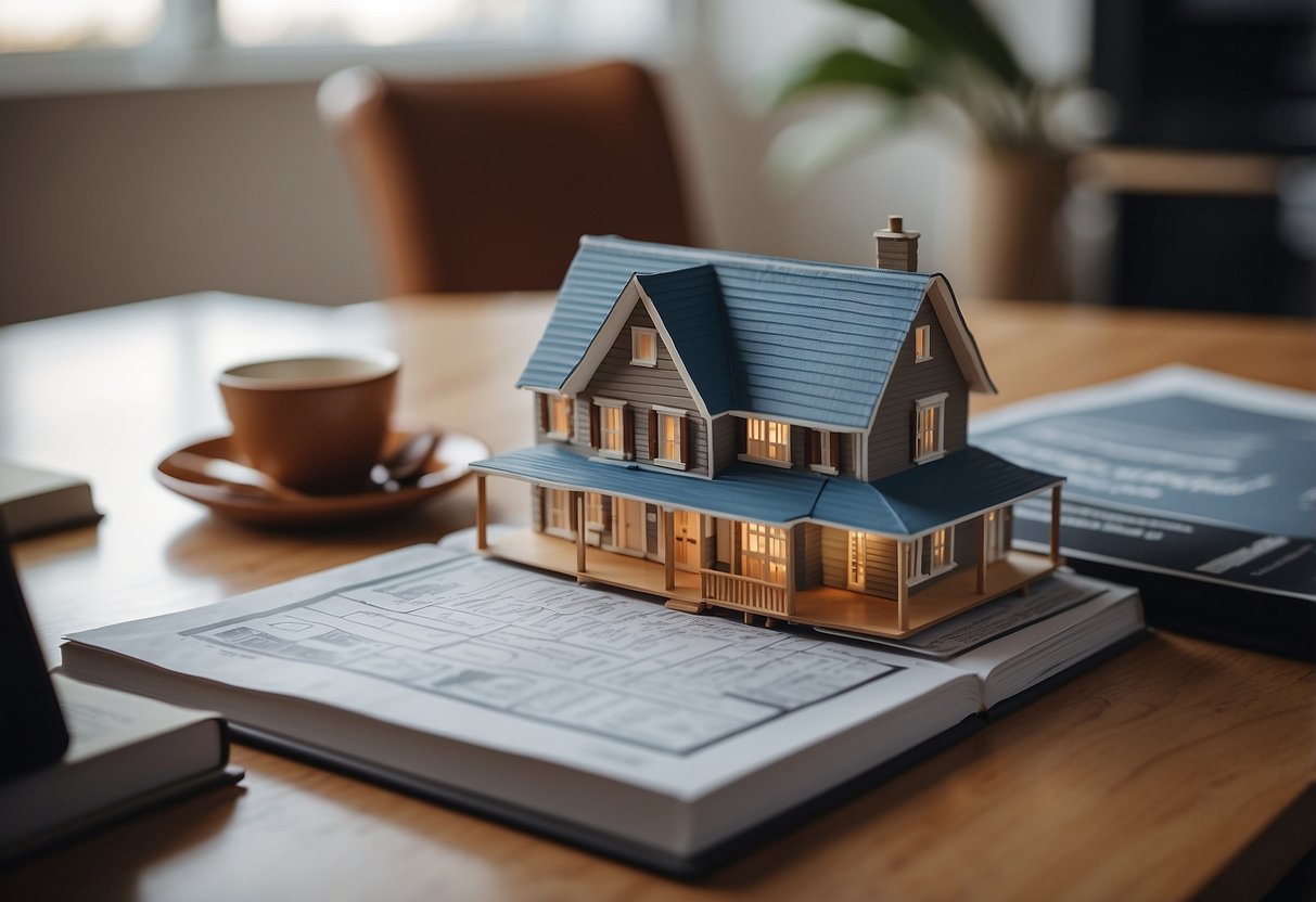 A person researching zoning laws, reading a thick book on building regulations, with a tiny house blueprint on the table