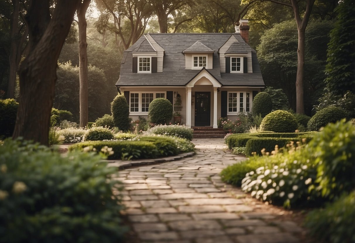 A small, charming house sits nestled among tall trees on a spacious property, surrounded by a lush garden and a winding path leading to the front door