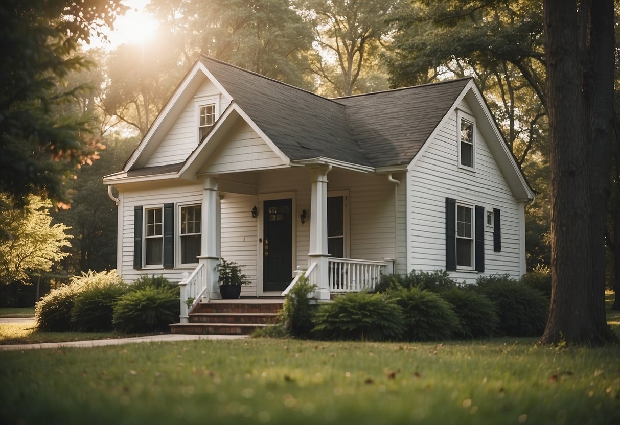 A small house sits on a spacious property, surrounded by trees and open space. The house is quaint and well-maintained, with a welcoming front porch