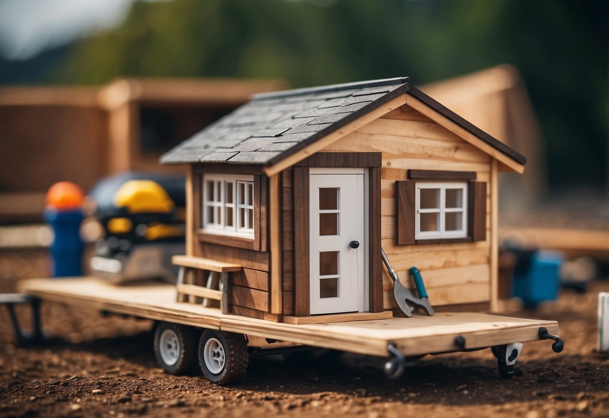 A tiny house being built on a trailer with tools and materials scattered around the construction site