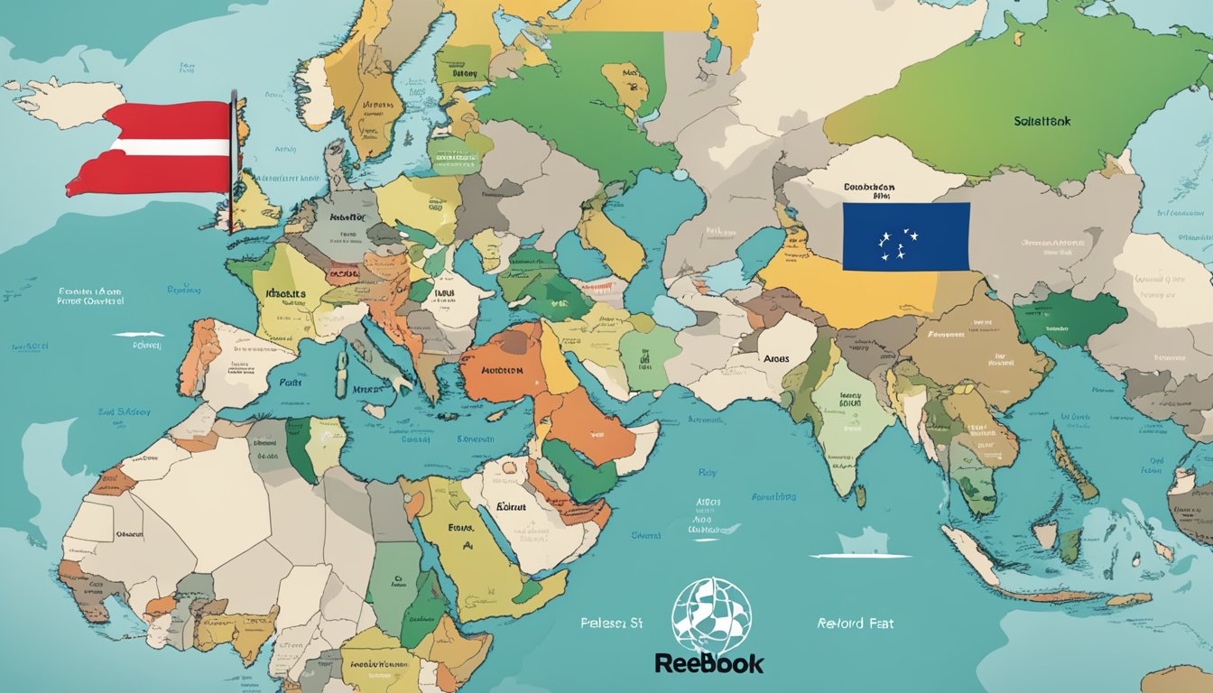 Reebok's CSR: A world map with a focus on the Middle East, highlighting Palestine. Reebok logo and supportive imagery surrounding the country