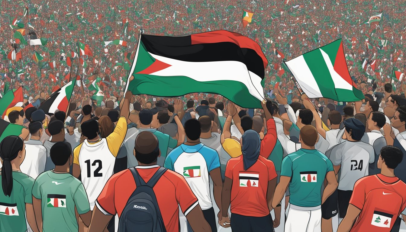 Reebok logo displayed at an athletic event, surrounded by diverse athletes. Palestinian flag visible in the background