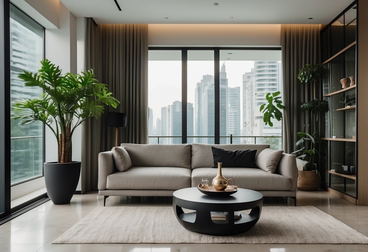 A sleek, modern living room in Singapore with minimalist furniture, clean lines, and neutral colors. A simple sofa, a low coffee table, and a few carefully chosen decor pieces complete the space