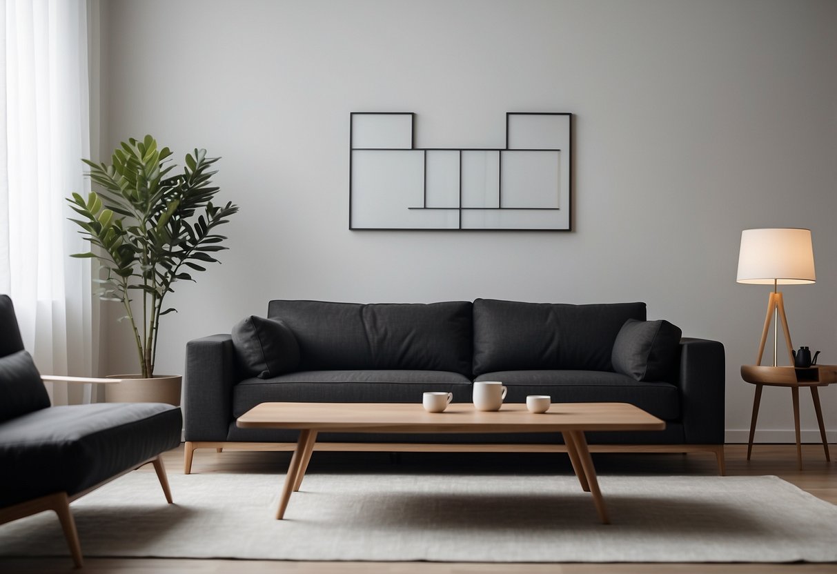 A sleek, low-profile sofa sits against a white wall. A simple, wooden coffee table complements the sofa, while a modern, black armchair completes the minimalist living room setup