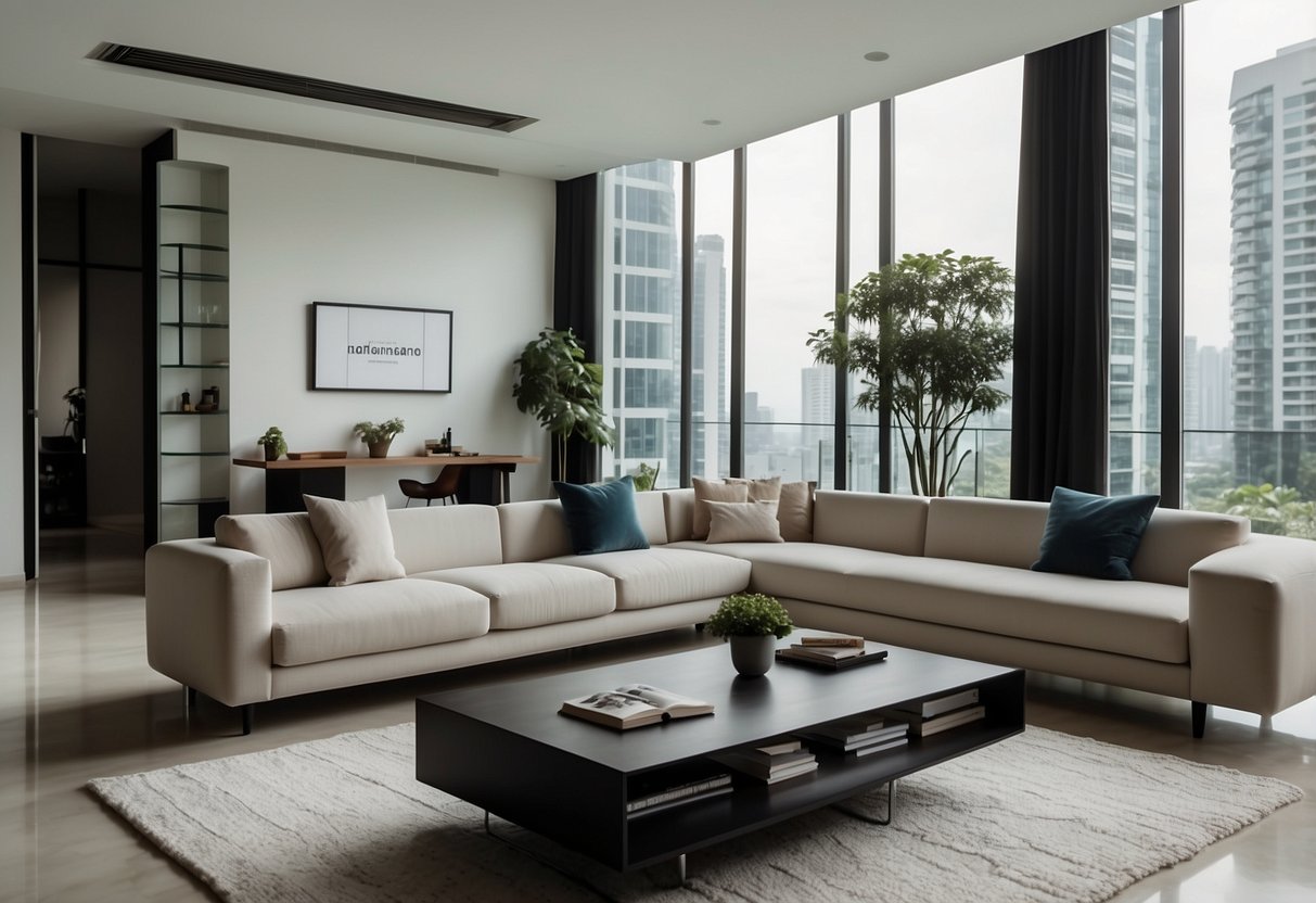 A sleek, modern living room with clean lines and minimalistic furniture in Singapore. White walls, a simple sofa, and a sleek coffee table create a serene and uncluttered space