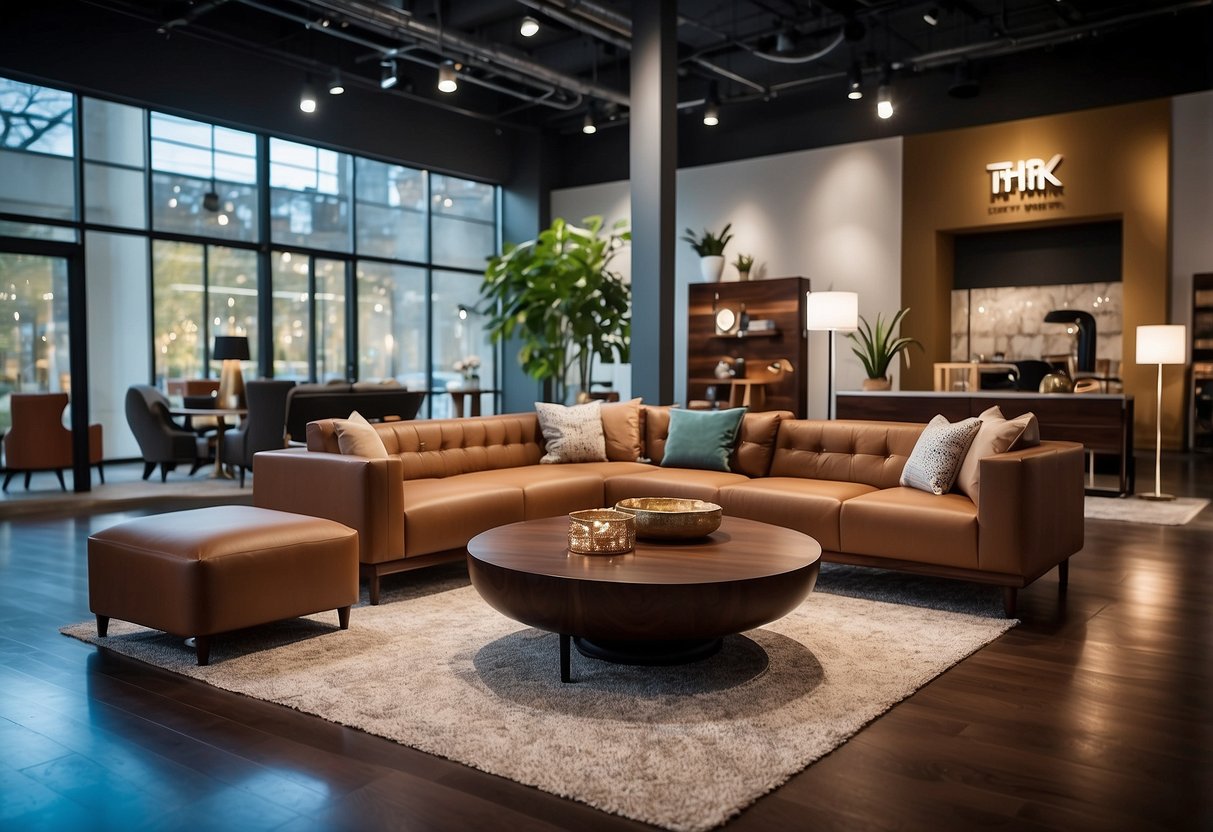 A spacious showroom displays modern and traditional furniture collections. Rich wood tones and sleek designs create a welcoming atmosphere