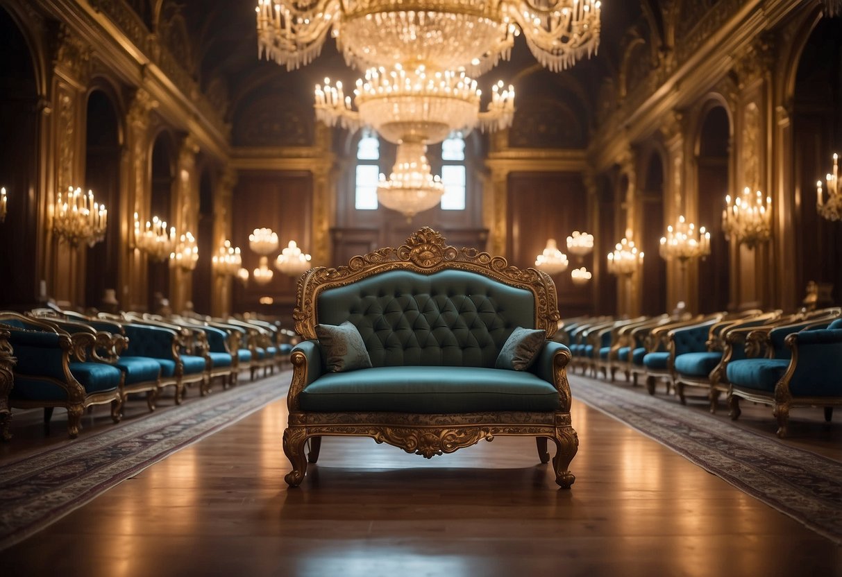 A grand throne surrounded by ornate chairs, tables, and cabinets, all fit for royalty, adorned with intricate carvings and luxurious fabrics