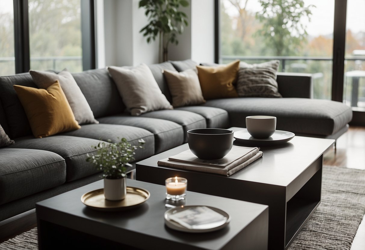 A cozy living room with a sleek, modern sofa and matching coffee table. Large windows let in natural light, highlighting the stylish decor