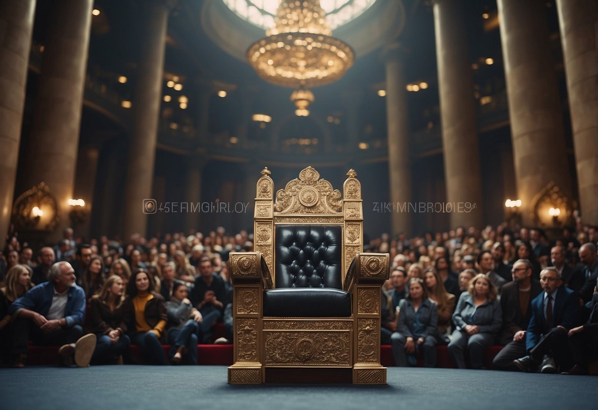 A king's throne surrounded by curious onlookers, with a banner reading "Frequently Asked Questions" above