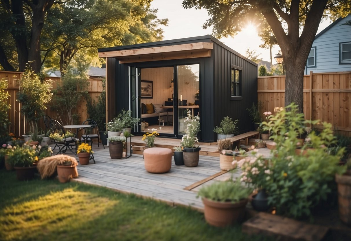 A small backyard with a cleared space and materials for building a tiny house