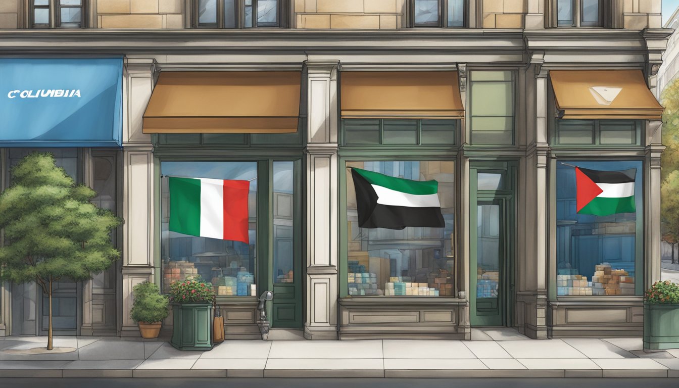 A Columbia Sportswear store with a Palestinian flag displayed in the window