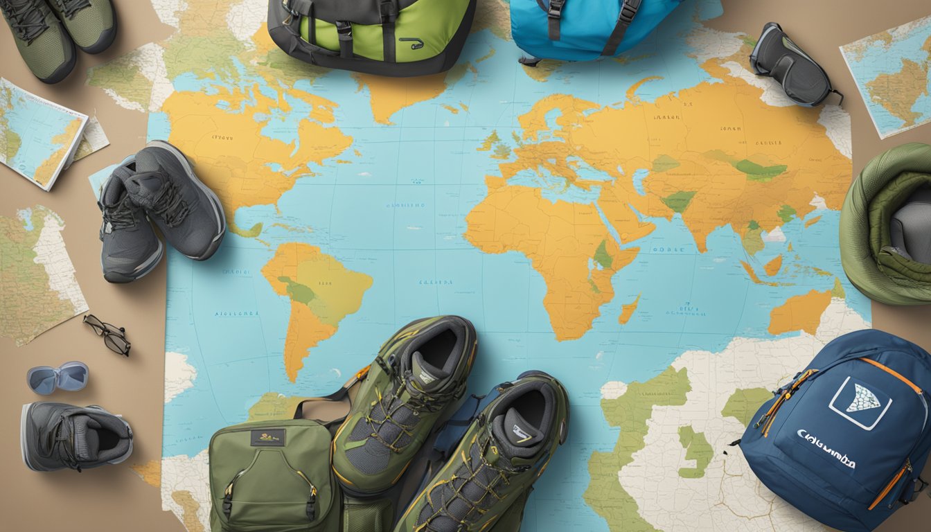 Columbia Sportswear logo displayed on a backdrop of outdoor gear, with a map of the world behind it, highlighting the location of Palestine