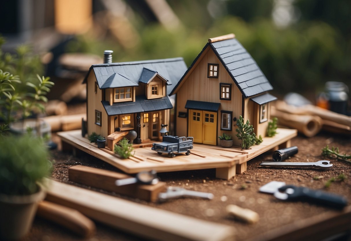 A tiny house being constructed in a backyard, with tools and materials scattered around, and a blueprint or design plan pinned up nearby