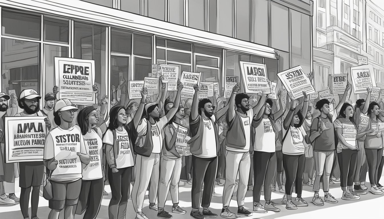 A group of activists protesting outside a Columbia Sportswear store, holding signs and chanting in support of Palestine. The store displays signs of brand response