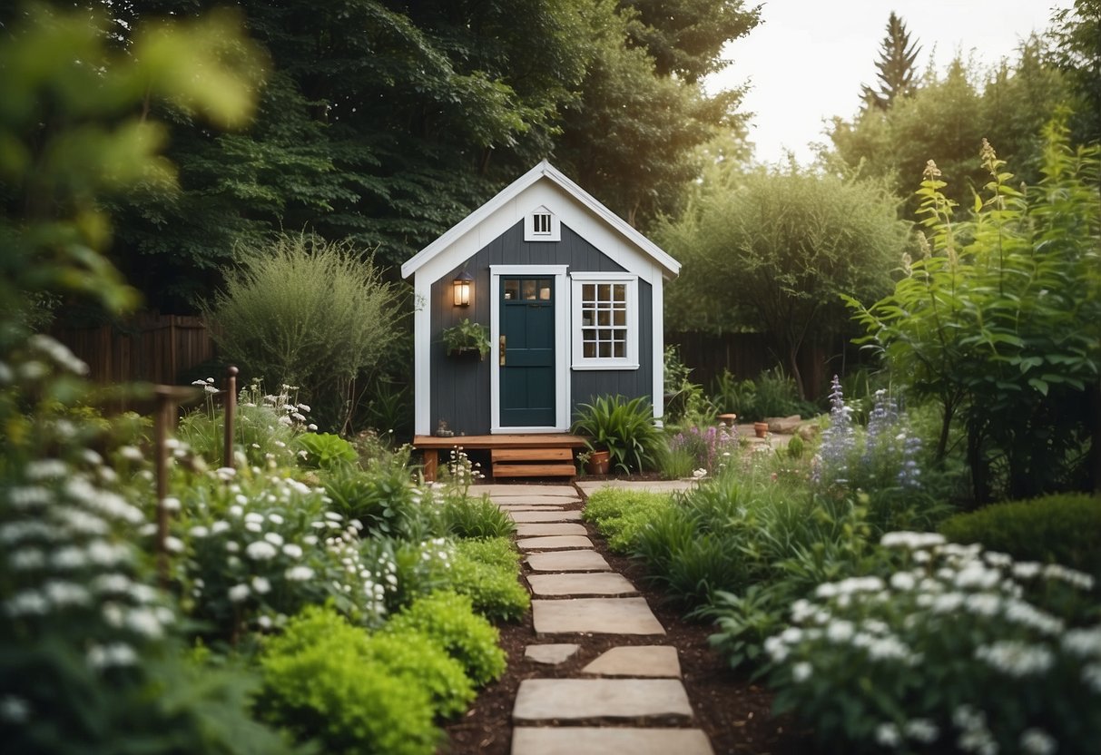 A backyard with a small, stylish tiny house surrounded by greenery and a clear pathway leading to the entrance