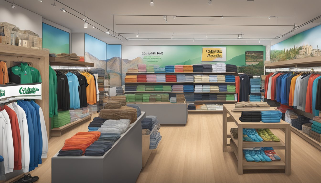 A Columbia Sportswear store with Palestine support materials displayed prominently