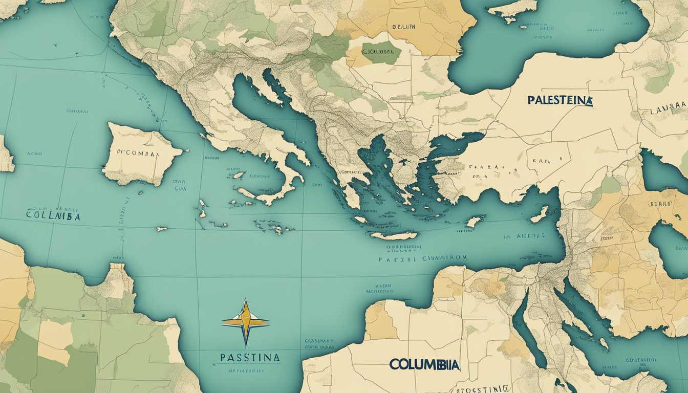 Columbia Sportswear logo displayed with a map of Palestine in the background