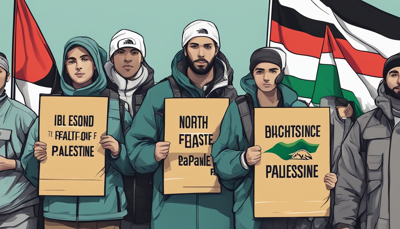 A group of people wearing North Face gear hold signs in support of Palestine