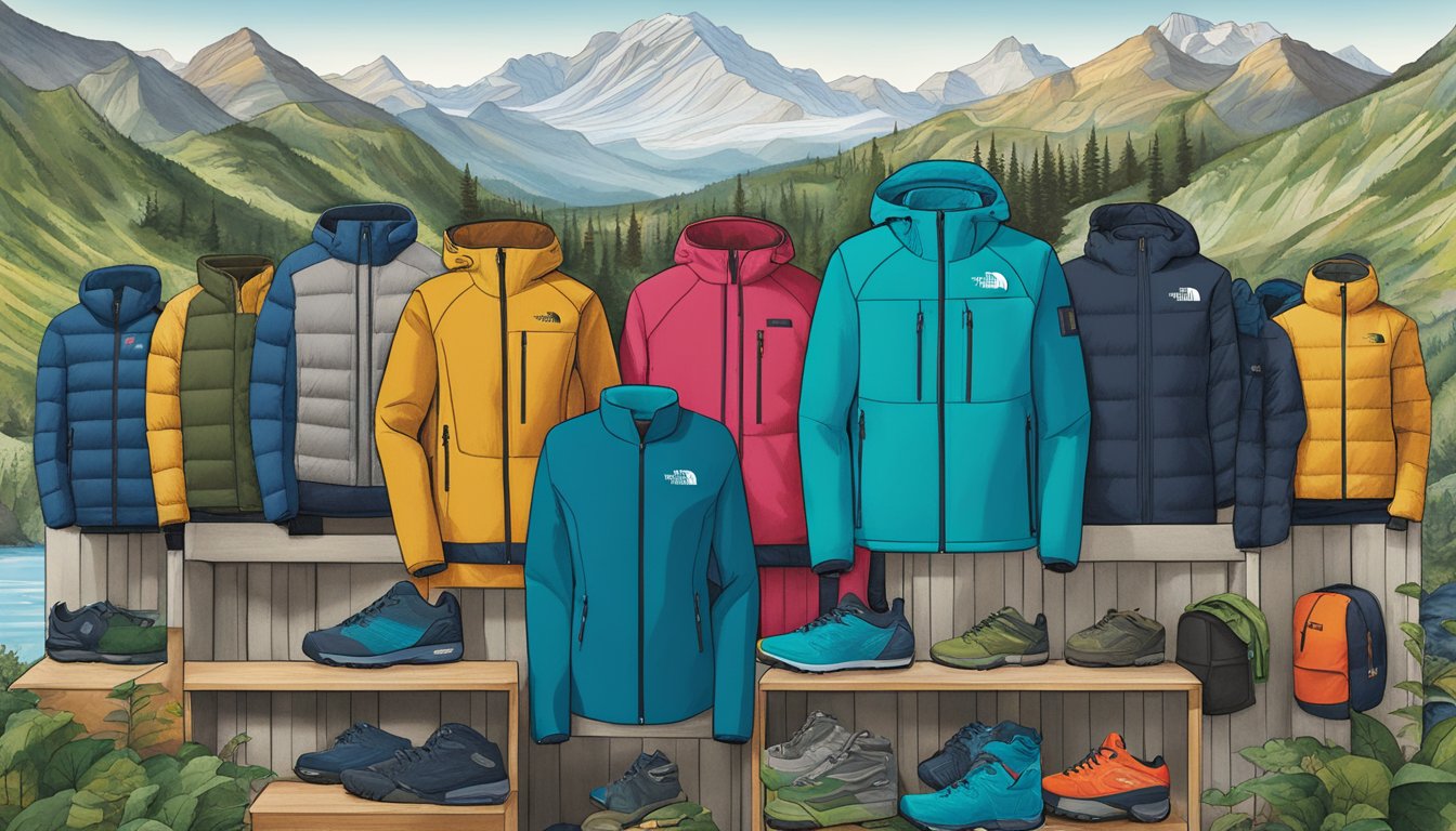 The North Face logo displayed on a sustainable outdoor gear display, with a backdrop of diverse landscapes and a statement promoting corporate responsibility