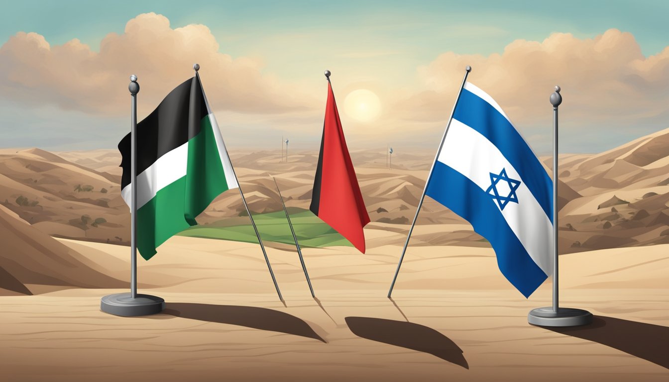 A divided landscape, with a barrier separating two sides. Flags and symbols representing Palestine and Israel. Tension and conflict in the air