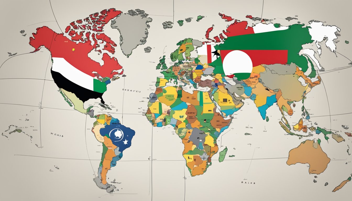 A world map with a spotlight on Palestine, surrounded by legal documents and international flags