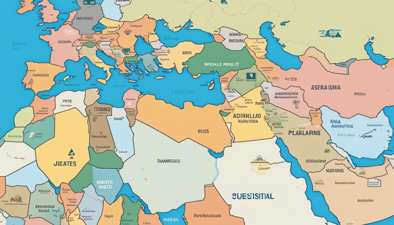 A map of the Middle East with a prominent focus on Palestine, surrounded by corporate logos including The North Face