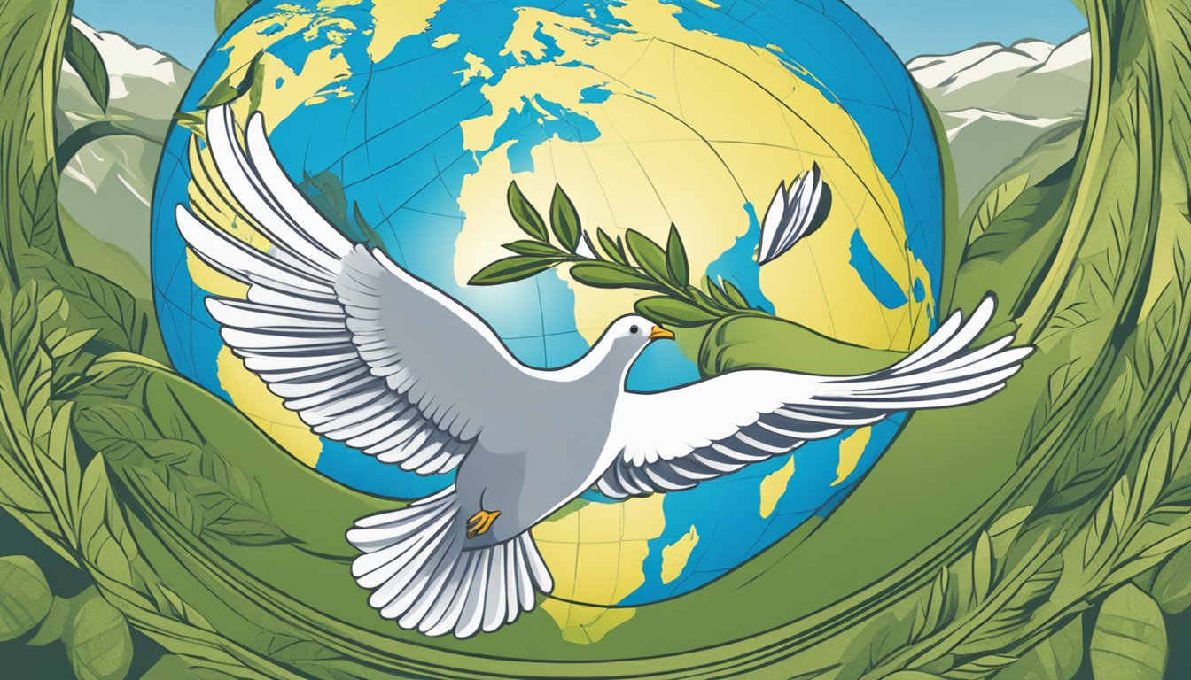 A dove carrying an olive branch flies over a globe with the words "Peace and Resolution" written on it, while The North Face logo is displayed in the background