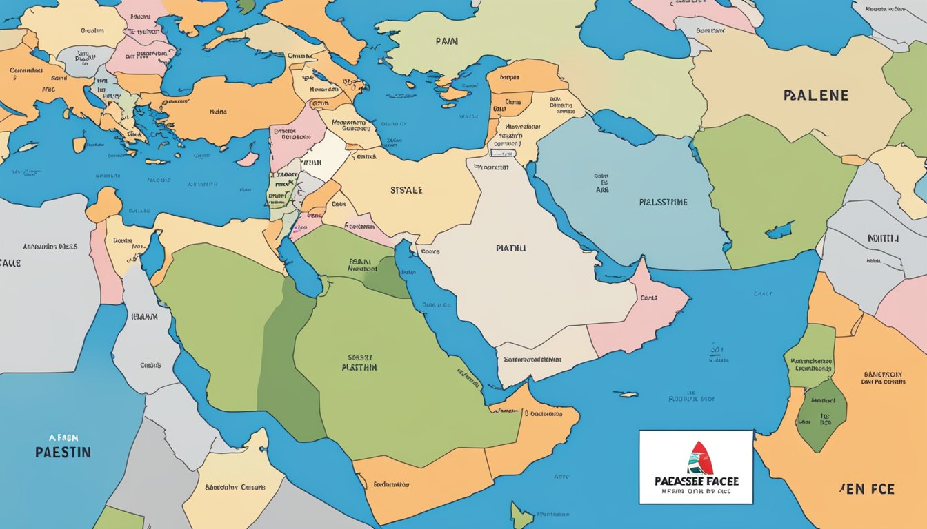 A globe with a spotlight on the Middle East, a map of Palestine, and The North Face logo