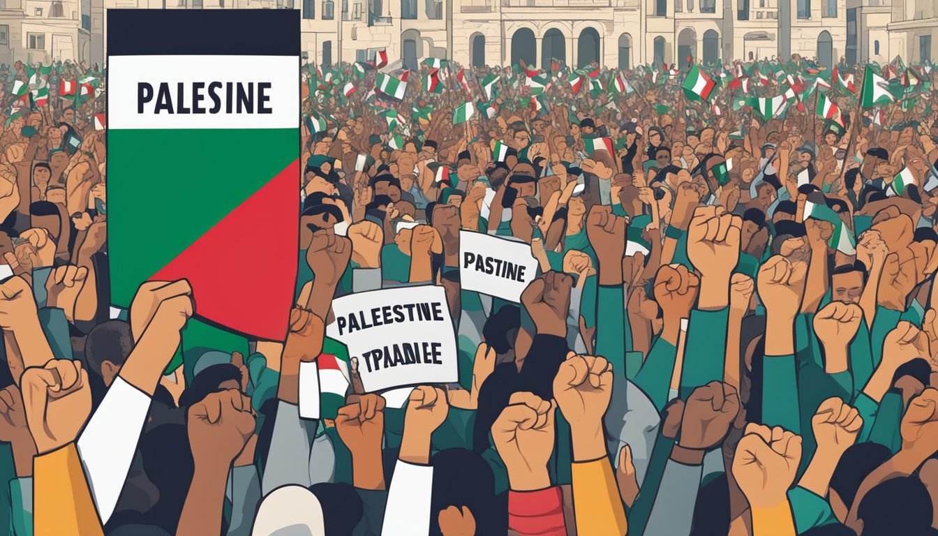 A person holding a sign with the word "Palestine" in bold letters, surrounded by a crowd of people with raised fists and banners