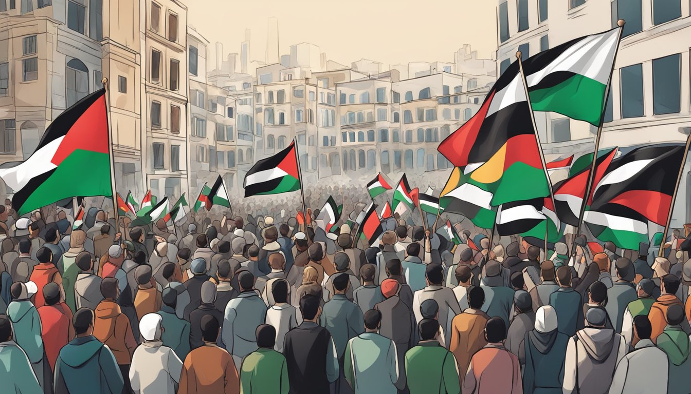 A crowd gathers in a city square, waving Palestinian flags and holding signs in support. Buildings in the background show signs of conflict and destruction