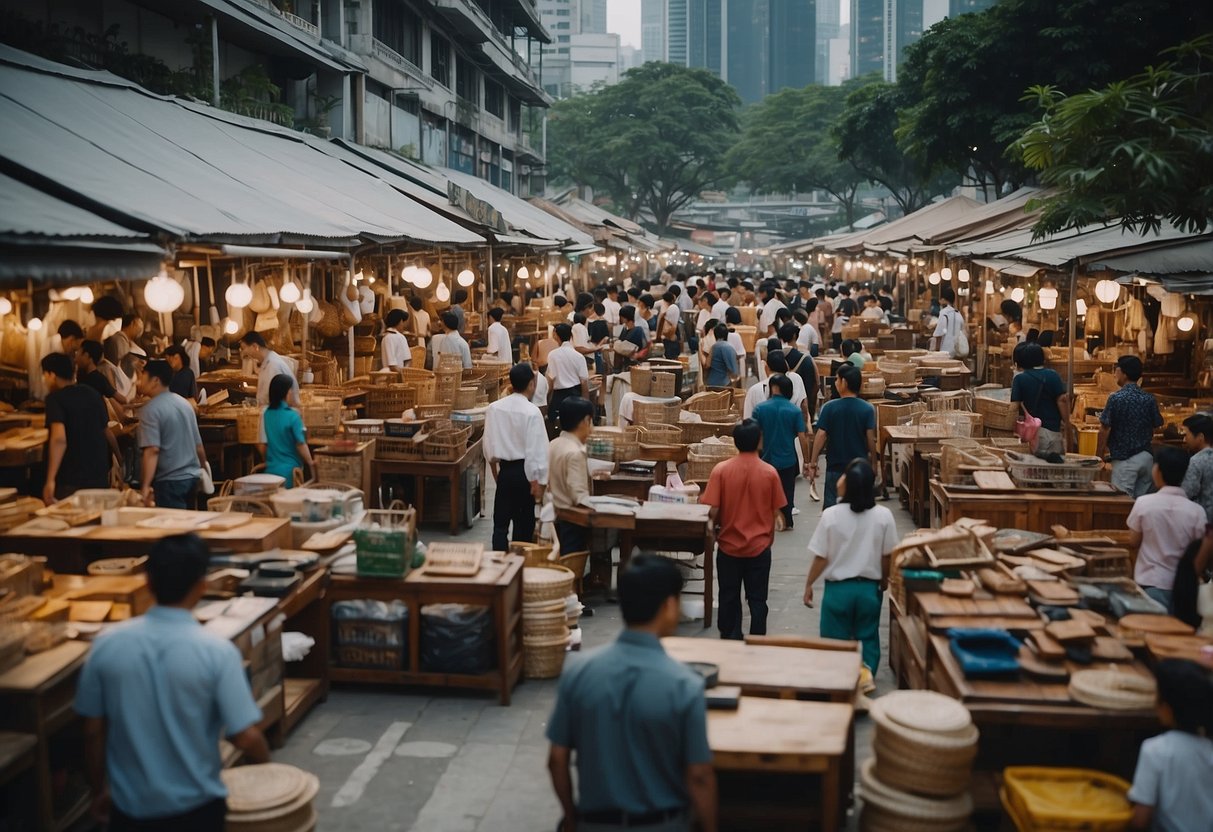 A bustling marketplace with rows of vendors displaying used furniture for sale in Singapore