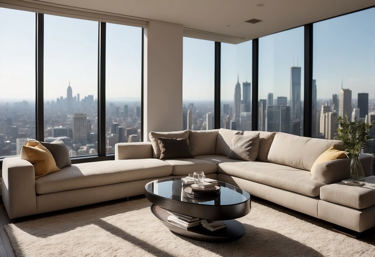 A modern sofa, a sleek coffee table, and a minimalist bookshelf in a bright living room with large windows and a city view