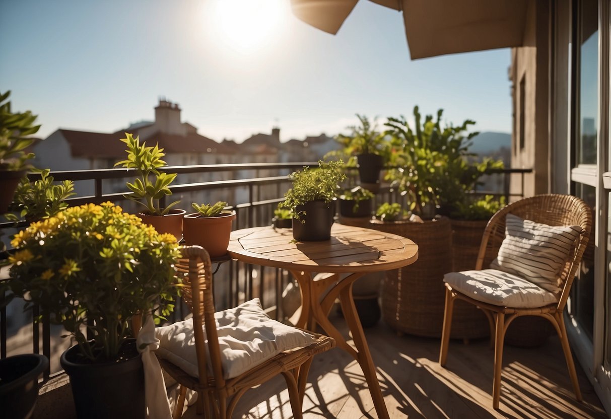 A cozy balcony with a wooden table, two chairs, and a potted plant. The sun is shining, and there are some cushions on the chairs