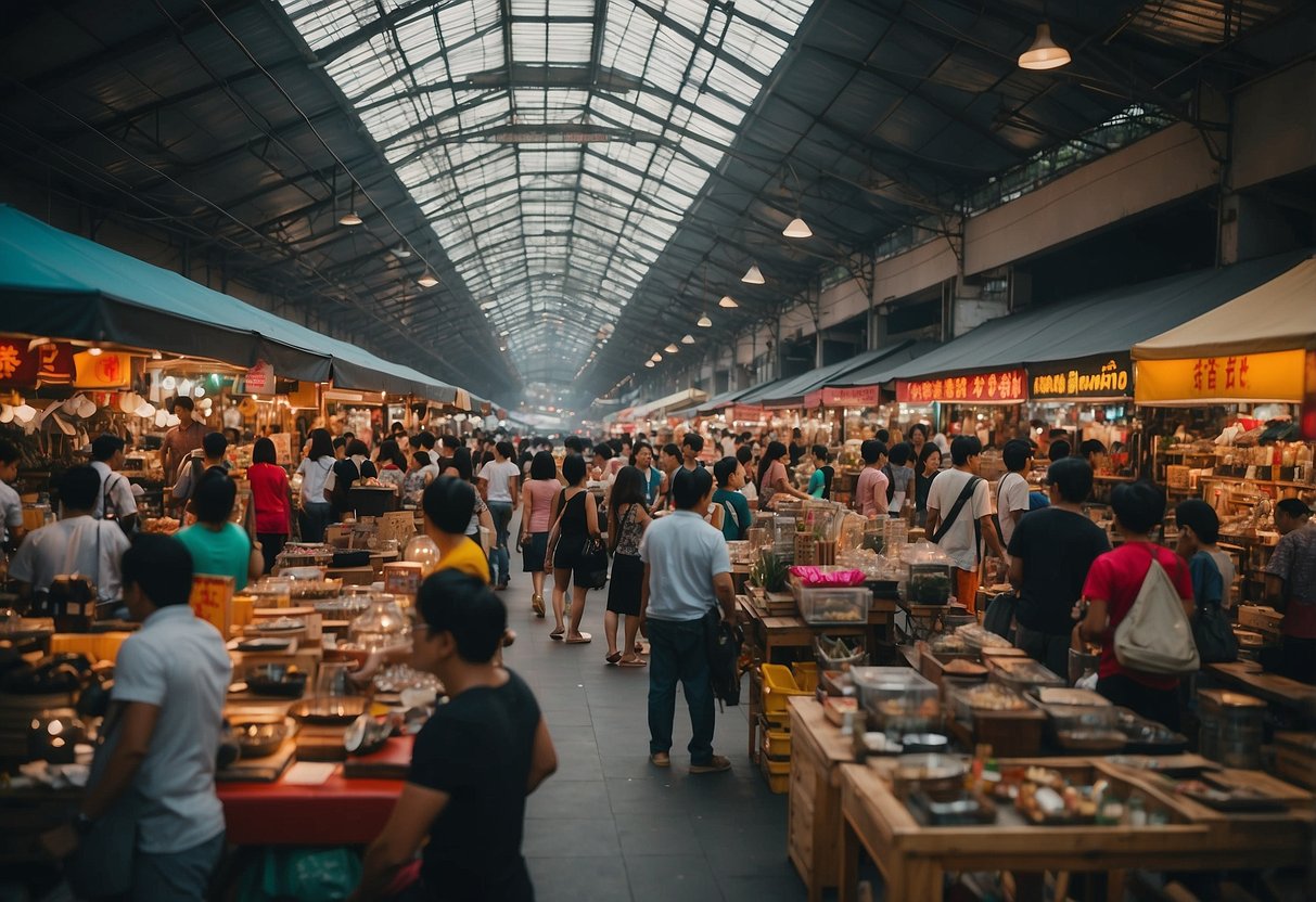 A bustling marketplace with various vendors selling preloved furniture in Singapore. Brightly colored signs and eager customers browsing the unique pieces