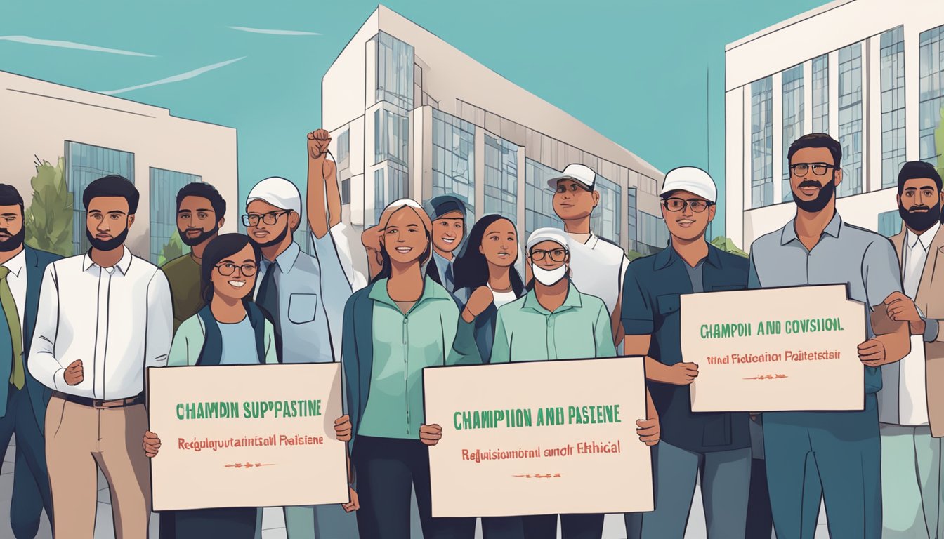 A group of people holding signs with the words "Regulatory and Ethical Considerations" and "Champion support Palestine" written on them, while standing in front of a governmental building