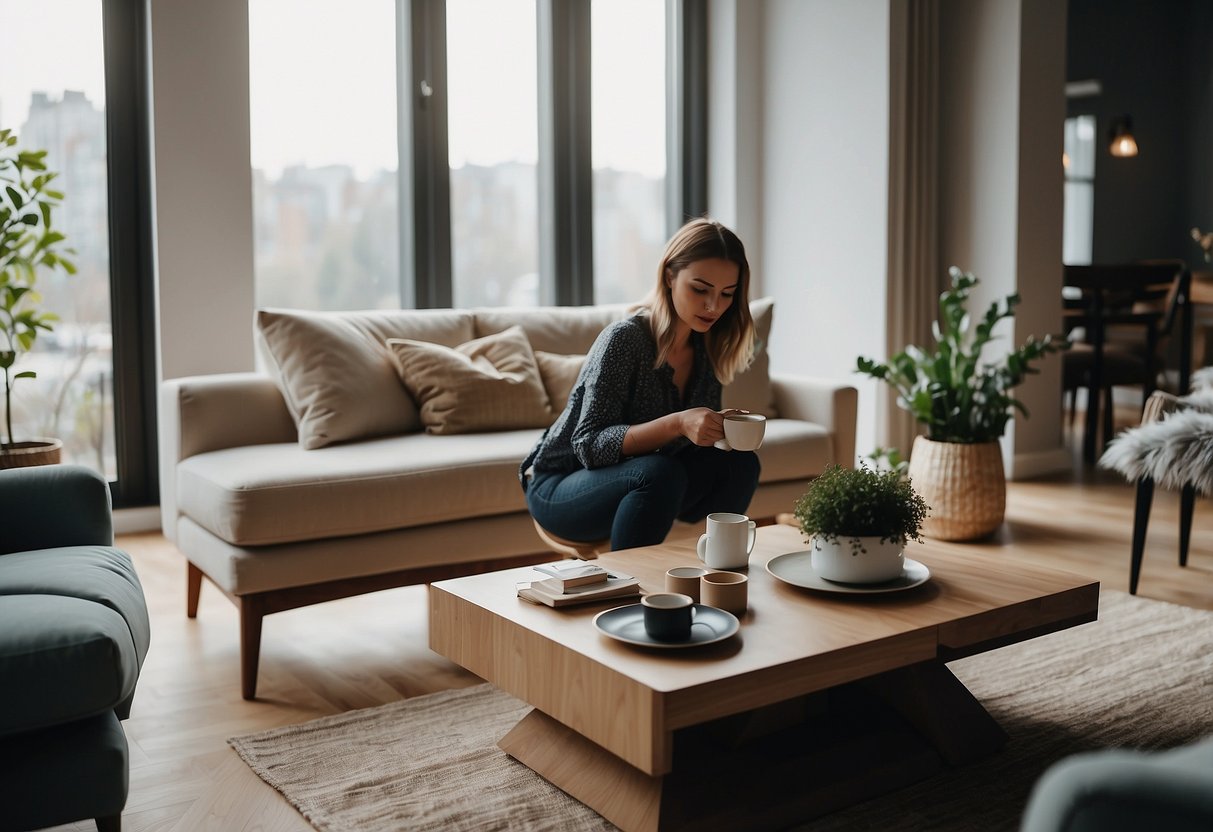 A person arranging furniture in a modern living room, placing a stylish coffee table and elegant accent chairs as centrepieces