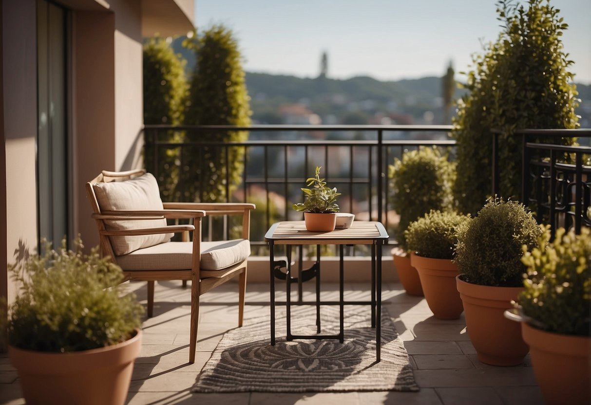 A person arranges balcony furniture, placing chairs and a table to create a cozy and inviting outdoor space