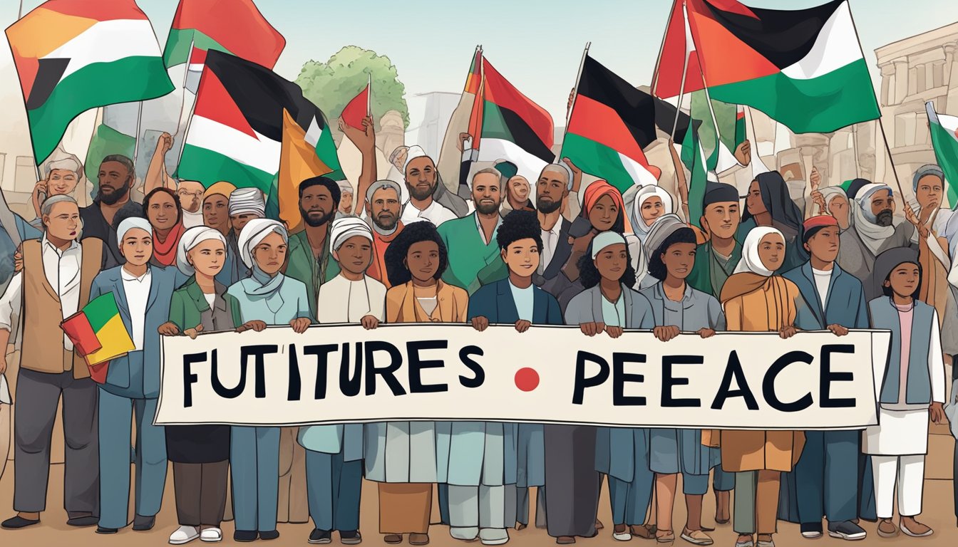 A group of people from different backgrounds stand together, holding signs and flags representing Palestine. The words "Future Prospects and Pathways to Peace" are displayed prominently