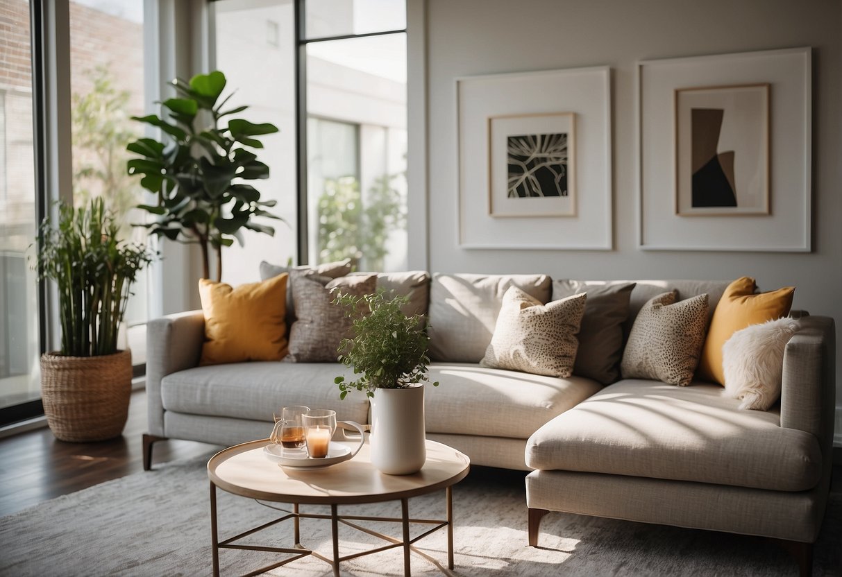 A modern living room with a sleek sofa, coffee table, and stylish decor. Bright natural light fills the space, creating a cozy and inviting atmosphere