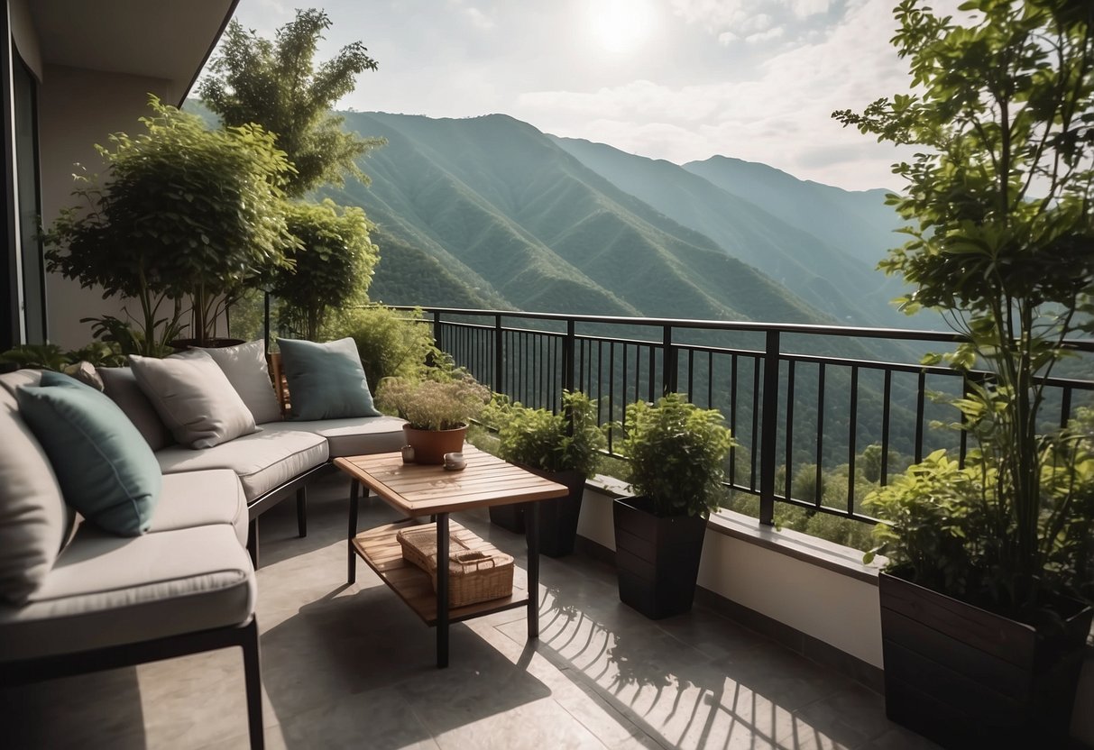 A cozy balcony with modern outdoor furniture, surrounded by lush greenery and overlooking a serene landscape